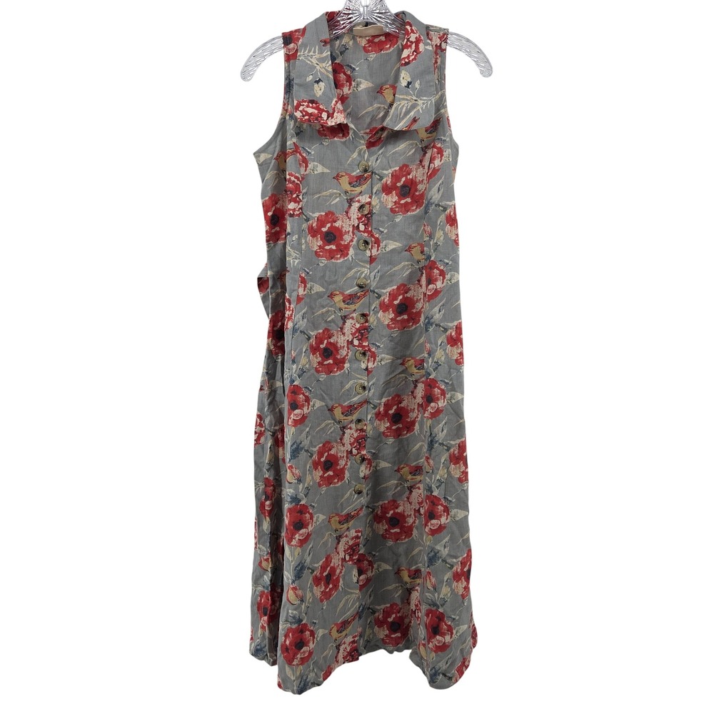 Bombay Paisley Midi Dress Small Gray‎ Floral Bird Button Front Cotton Linen